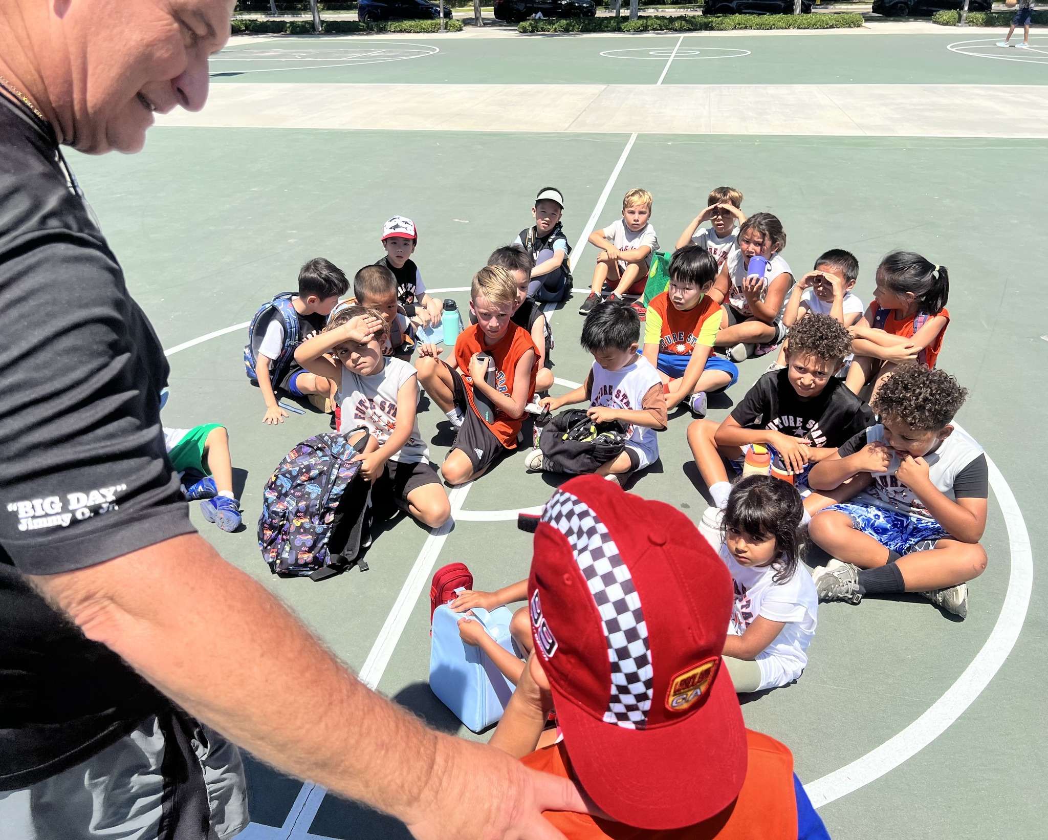 Coach talking to kids on court